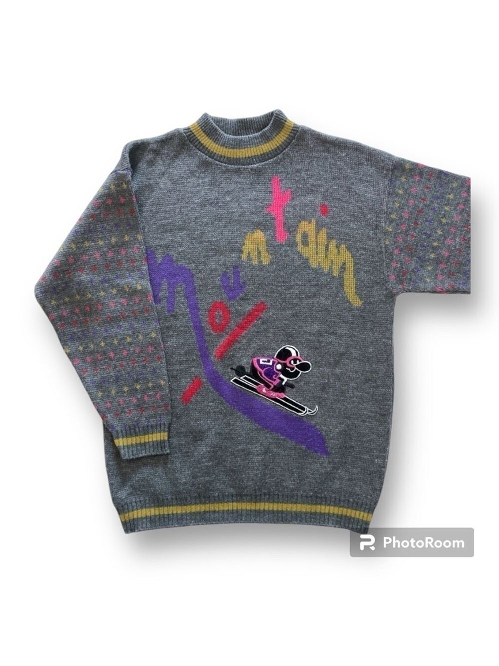 Vintage Mountain Downhill Ski Graphic Sweater Grey Pink Purple